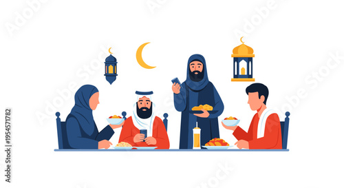 Muslim family breaking fast during Ramadan, iftar meal at home