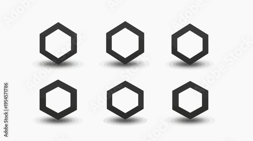 Six grey, hollow hexagon shapes, with shadows, arrayed on a white background