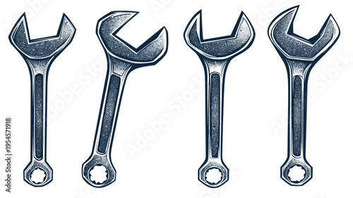 A grayscale illustration of four open-end wrenches, presented against a clean white backdrop
