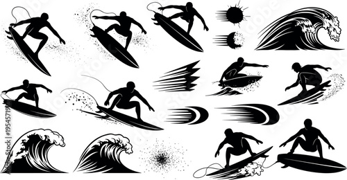 Surfing Action Silhouettes Set with Surfers Riding Waves, Dynamic Motion and Ocean Spray Effects