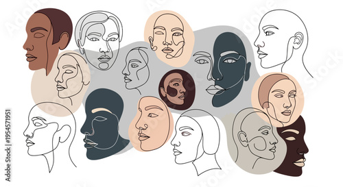Diverse Faces Line Art Collage - Abstract Human Portraits Collection
