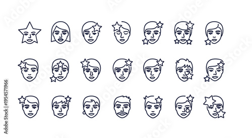 Diverse Faces with Star Icons - Vector Illustration Set