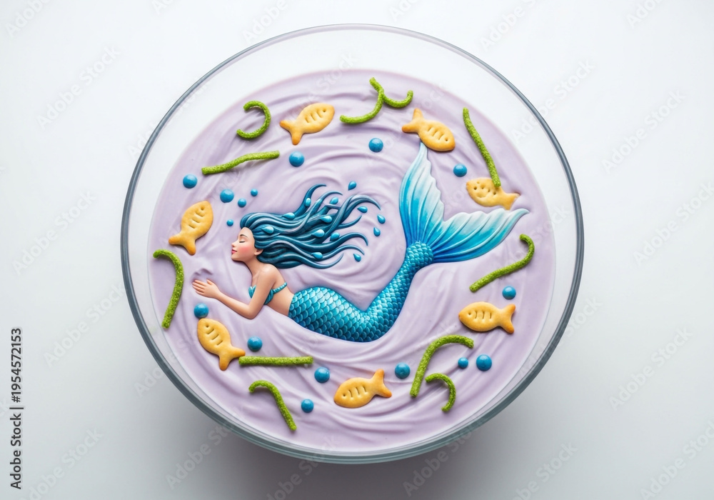 Fototapeta premium Whimsical Mermaid Fantasy Cake with Blue Tail and Under the Sea Decorations, Top View. Creative Dessert Art for Celebrations and Parties.
