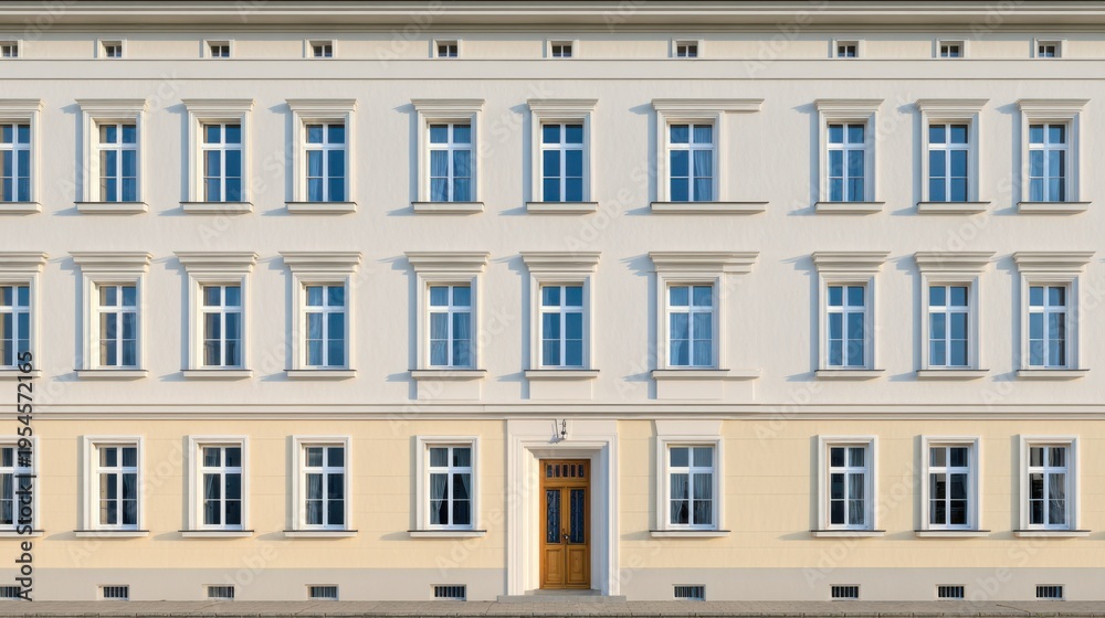 Fototapeta premium Classic Architectural Facade with Symmetrical Windows and Elegant Design in Soft Neutral Tones