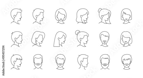 Diverse Human Face Icons - Profile Views, Men and Women, Minimalist Line Art