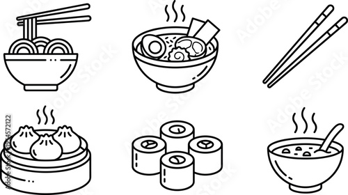 Asian Food Line Icons Set with Ramen, Dumplings, Sushi, Chopsticks and Traditional Cuisine\