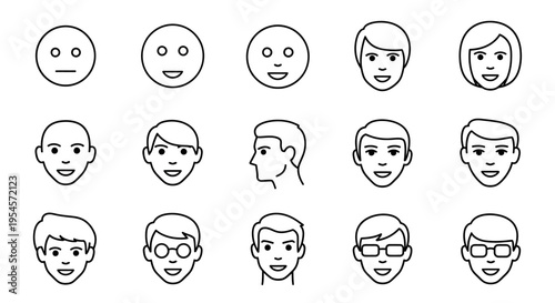 Diverse Human Faces and Emoticons Collection, Minimalist Line Art Icons