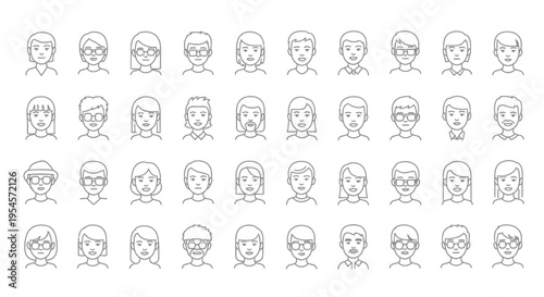 Diverse Human Face Icons Set, Simple Line Art Avatars for Profile Pictures