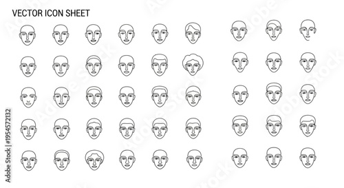 Diverse Human Face Expressions Vector Icon Set on White Background