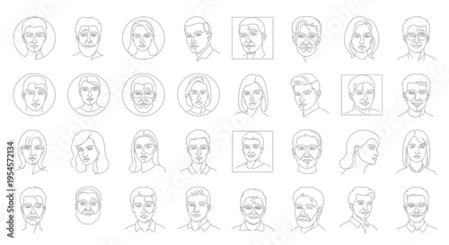 Diverse Human Faces Collection, Line Art Portraits, Round and Square Frames
