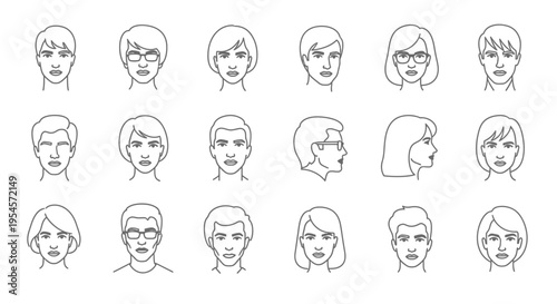 Diverse Human Faces Collection: Line Art Icons Set