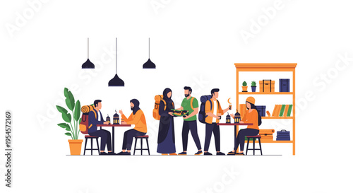 people socializing in a modern cafe or library setting