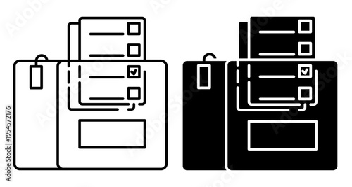 Linear icon. Ballot forms for voting for candidates are dropped into the ballot box. Simple black and white vector symbol isolated on white background