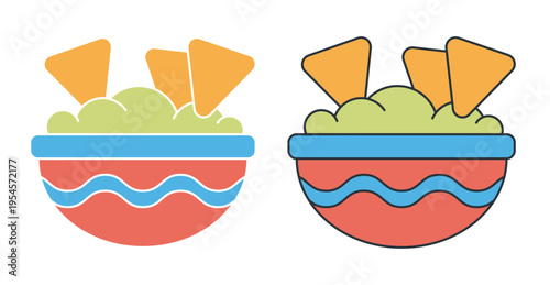 Linear icon. Bowl of Mexican guacamole with crispy triangular corn chips for an appetizer. Simple colored vector symbol isolated on white background