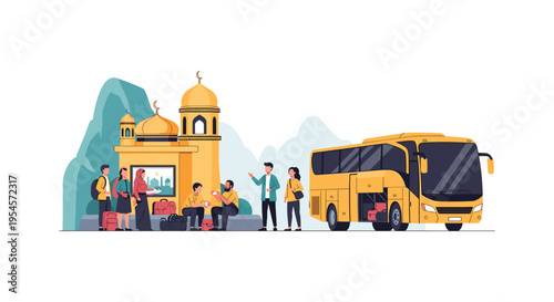 people standing near mosque and tour bus, travel