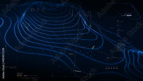Futuristic holographic topographic environment featuring dynamic geomorphological terrain visualization, integrated into an advanced motion graphic user interface with a head-up display screen