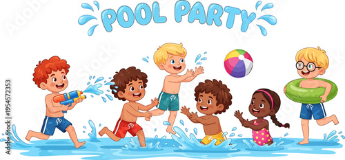 Happy diverse children playing joyfully at a fun pool party with water and toys.