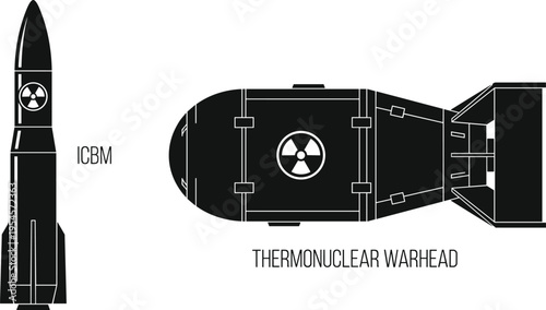 Black silhouette illustration of intercontinental ballistic missile and thermonuclear warhead, radiation symbol, nuclear weapon design comparison, military defense concept