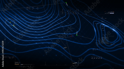 Futuristic holographic topographic environment featuring dynamic geomorphological terrain visualization, integrated into an advanced motion graphic user interface with a head-up display screen