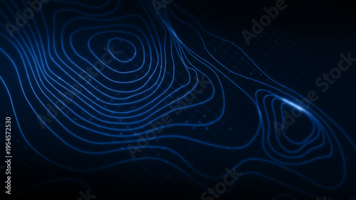 Futuristic holographic topographic environment featuring dynamic geomorphological terrain visualization, integrated into an advanced motion graphic user interface with a head-up display screen