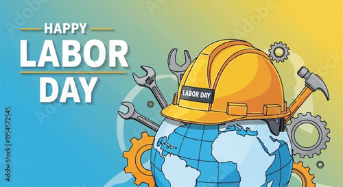 Labor day celebration with hard hat and tools around globe on gradient background