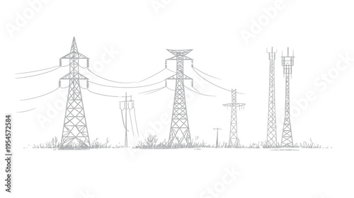 Black and white illustration of various electricity pylons and communication towers