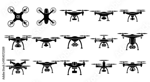 Drone Icons Collection: Various Quadcopter and Aerial Vehicle Silhouettes