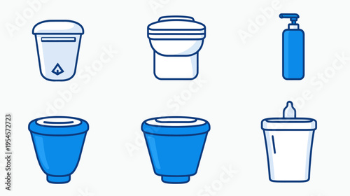 Collection of blue outlined illustrations of different containers.  Flat style, white background