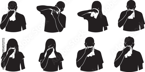 People Silhouettes Blowing Nose in Various Postures and Angles
