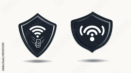 Two shields depicting wireless signal and remote control on a white background with a shadow effect