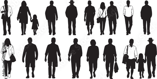 Silhouettes of people walking in various poses and groups