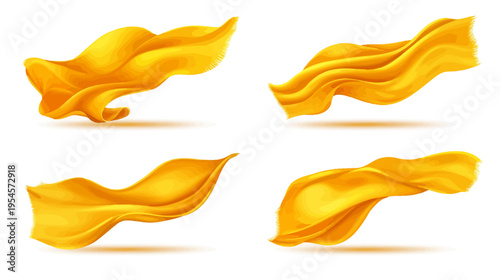 Four flowing garments in yellow, with different folds and effects, over a white background