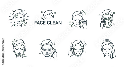 Face Cleaning and Skincare Routine Icons Set