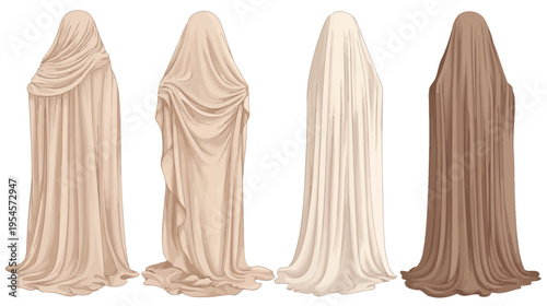 Four draped figures of varying shades, their forms hidden beneath elegant cloth