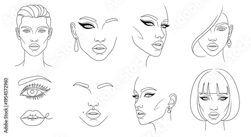 Fashion Face Chart Templates with Various Hairstyles and Makeup Styles