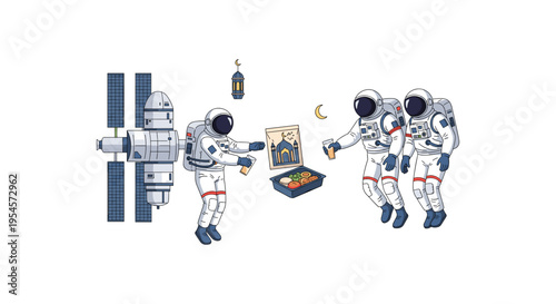 Astronauts enjoying pizza in space with satellite