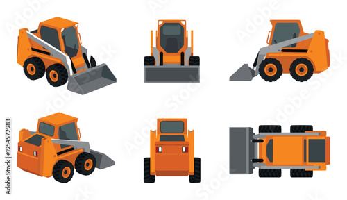 Compact orange loader machine shown from multiple angles for construction and industrial use