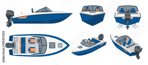 Modern Speedboat Collection: Multiple Angles of a Sleek Blue and White Watercraft