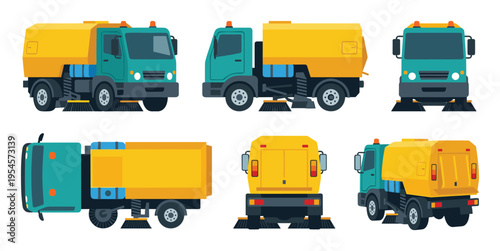 Detailed Isometric and Orthographic Views of a Teal and Yellow Street Sweeper Truck