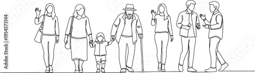 Diverse group of people in continuous line art style, representing different generations and interactions.