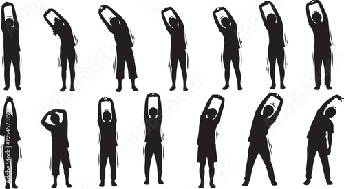 Silhouettes of people stretching and exercising in various poses