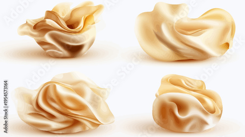 Four stylized illustrations of swirled, soft, creamy, and golden forms on a white background