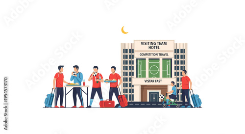 group of people with luggage standing outside hotel at night