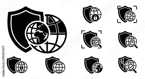 Global Security Icons: Shield, Globe, Lock, Checkmark, Magnifying Glass