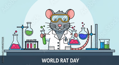 Cartoon lab rat in goggles and lab coat conducts experiment on world rat day with colorful beakers and test tubes