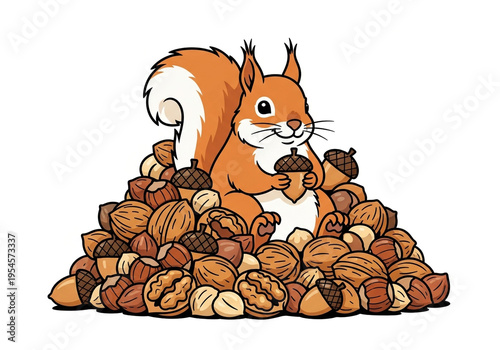 Cute cartoon squirrel sitting on a large pile of assorted nuts and acorns, holding one acorn, isolated on white background