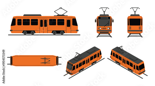 Collection of orange tram illustrations from multiple viewing angles for public transport concepts