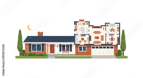 house with cutaway floor plan and garage
