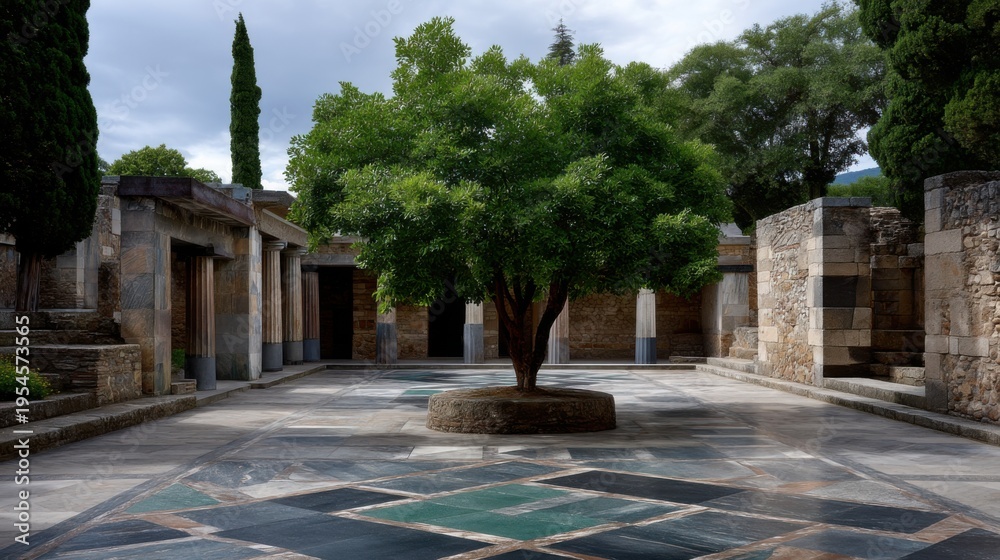 Obraz premium The large courtyard of an ancient Roman villa, with geometric patterns on the floor, walls of simple stone, and a tree in the middle of a large, empty space. 
