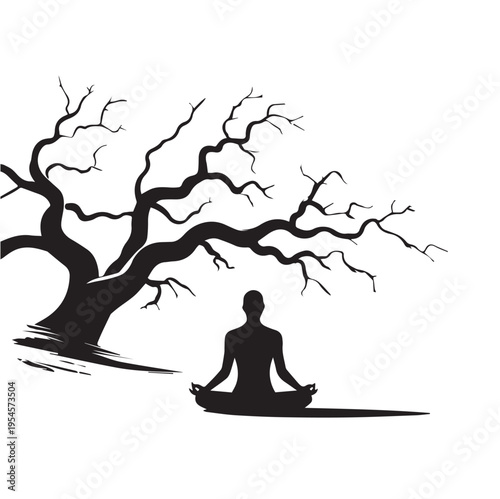 Person meditating in lotus pose under a large tree silhouette
